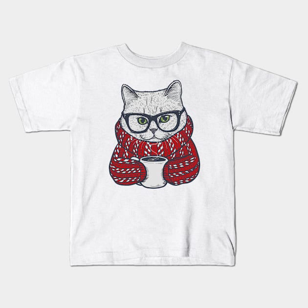 Candy Cane Sweater Coffee Cat Kids T-Shirt by KilkennyCat Art